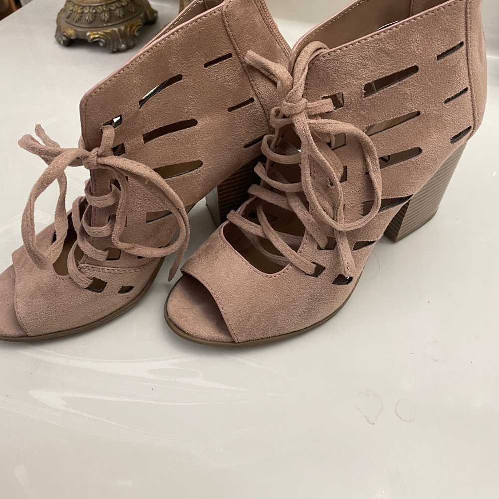 Blush Suede Ankle Tie Sandals